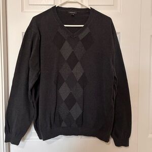 Van Heusen Mens Argyle V-Neck Sweater Black Gray Long Sleeve 100% Cotton Sz XL